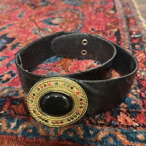 Vintage Leiber Python Reptile Belt with Huge Jeweled Black & Gold Medallion